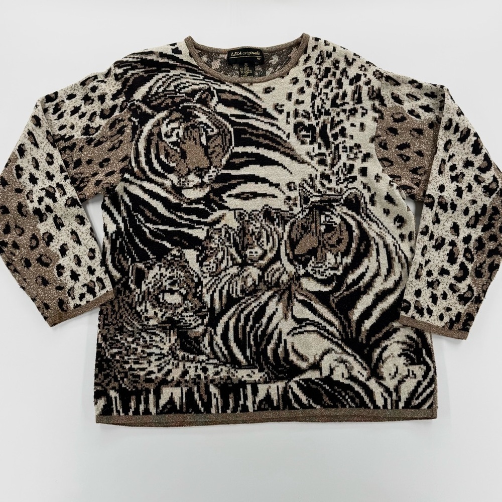 Vintage 80s 90s LISA Originals Tiger Animal Print Statement Sweater M mob wife